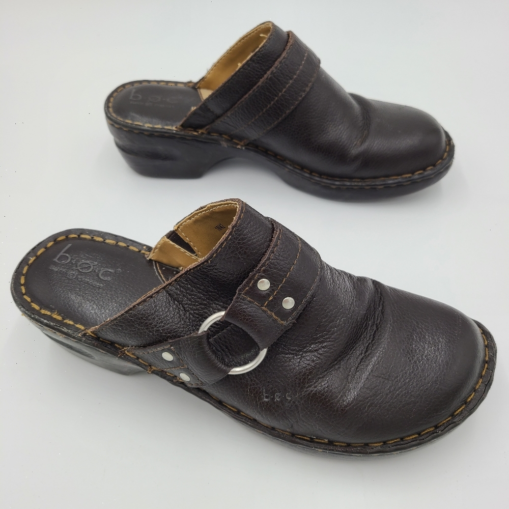 BOC Women Clogs Born Dark Brown Leather Stitched Wedged Slip On Mules Shoes  10